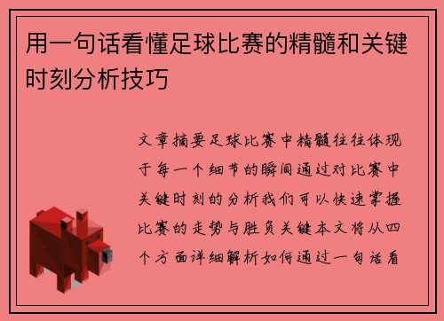 用一句话看懂足球比赛的精髓和关键时刻分析技巧