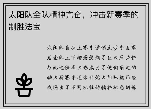 太阳队全队精神亢奋，冲击新赛季的制胜法宝