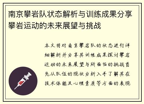 南京攀岩队状态解析与训练成果分享攀岩运动的未来展望与挑战